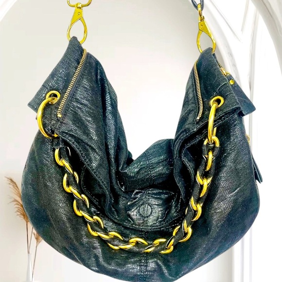 Armani Exchange Black Leather Expandable Slouchy Hobo Chain Shoulder Bag - Picture 8 of 8